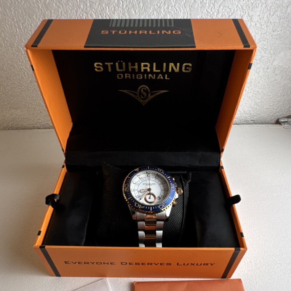 (8014)Stührling Original Men's Quartz Sport Watch SS Bracelet Blue Bezel Box